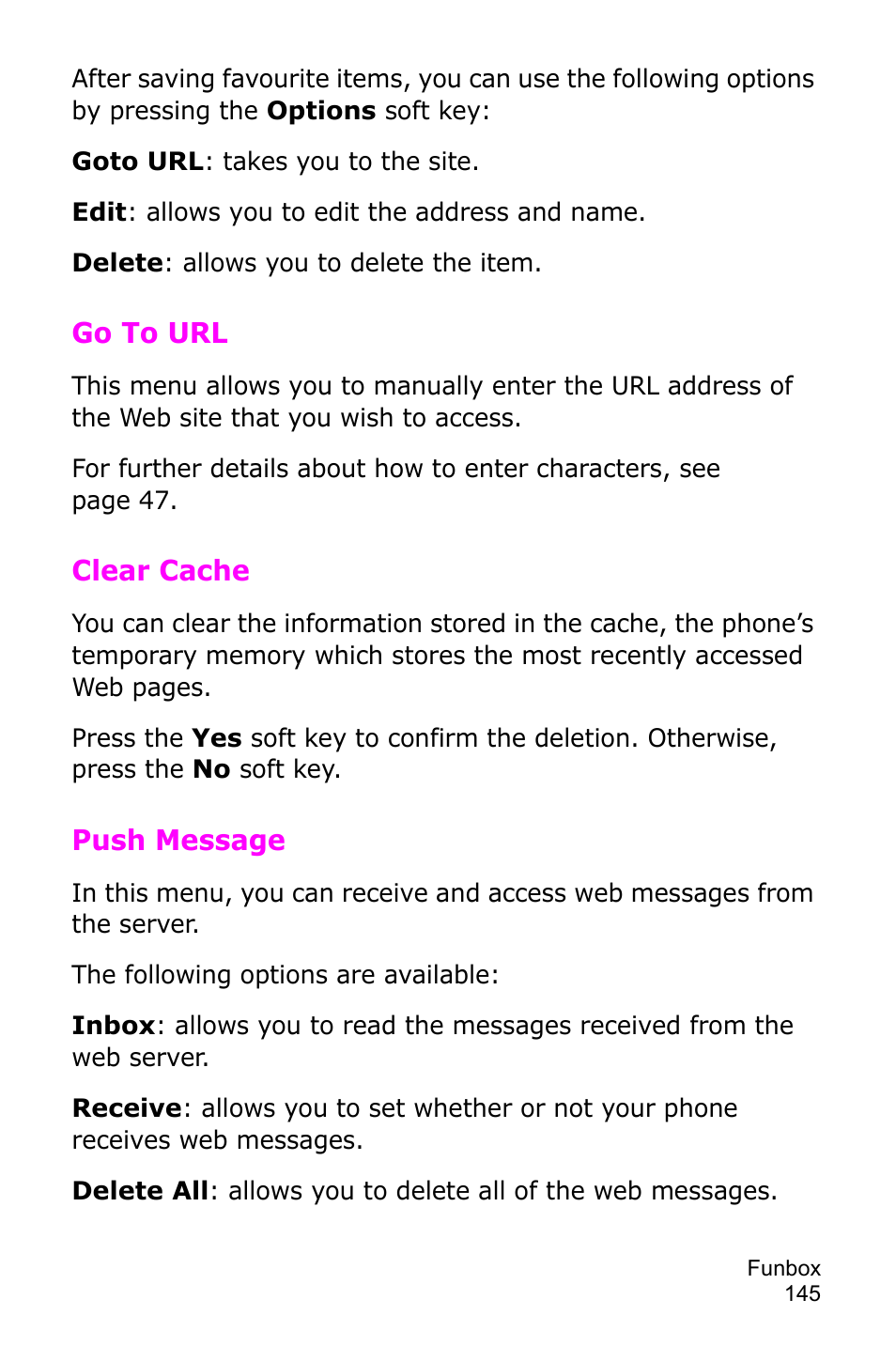 Go to url, Clear cache, Push message | Samsung SGH-D415MSATMB User Manual | Page 148 / 200