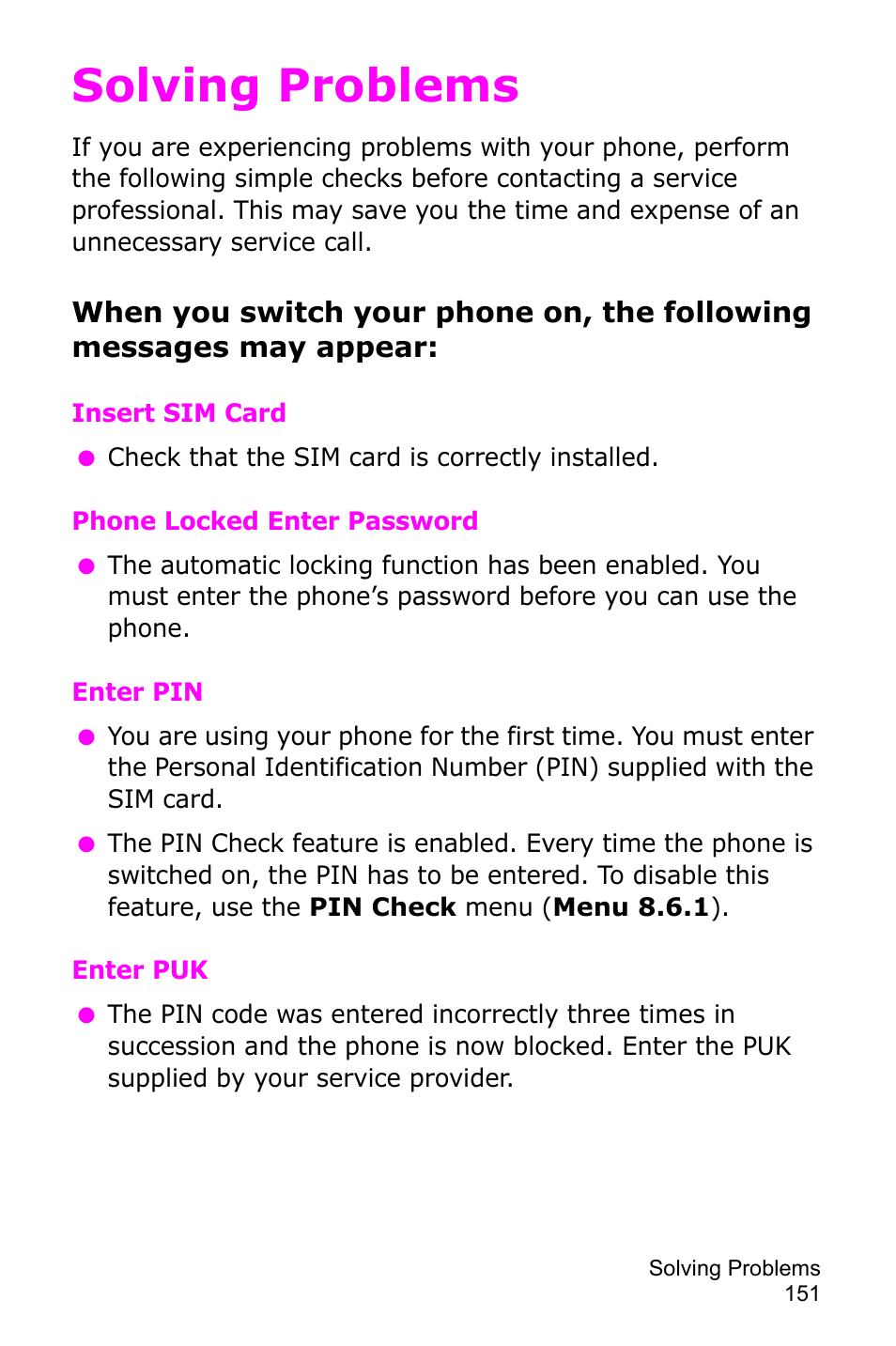 Solving problems | Samsung SGH-D415MSATMB User Manual | Page 154 / 200