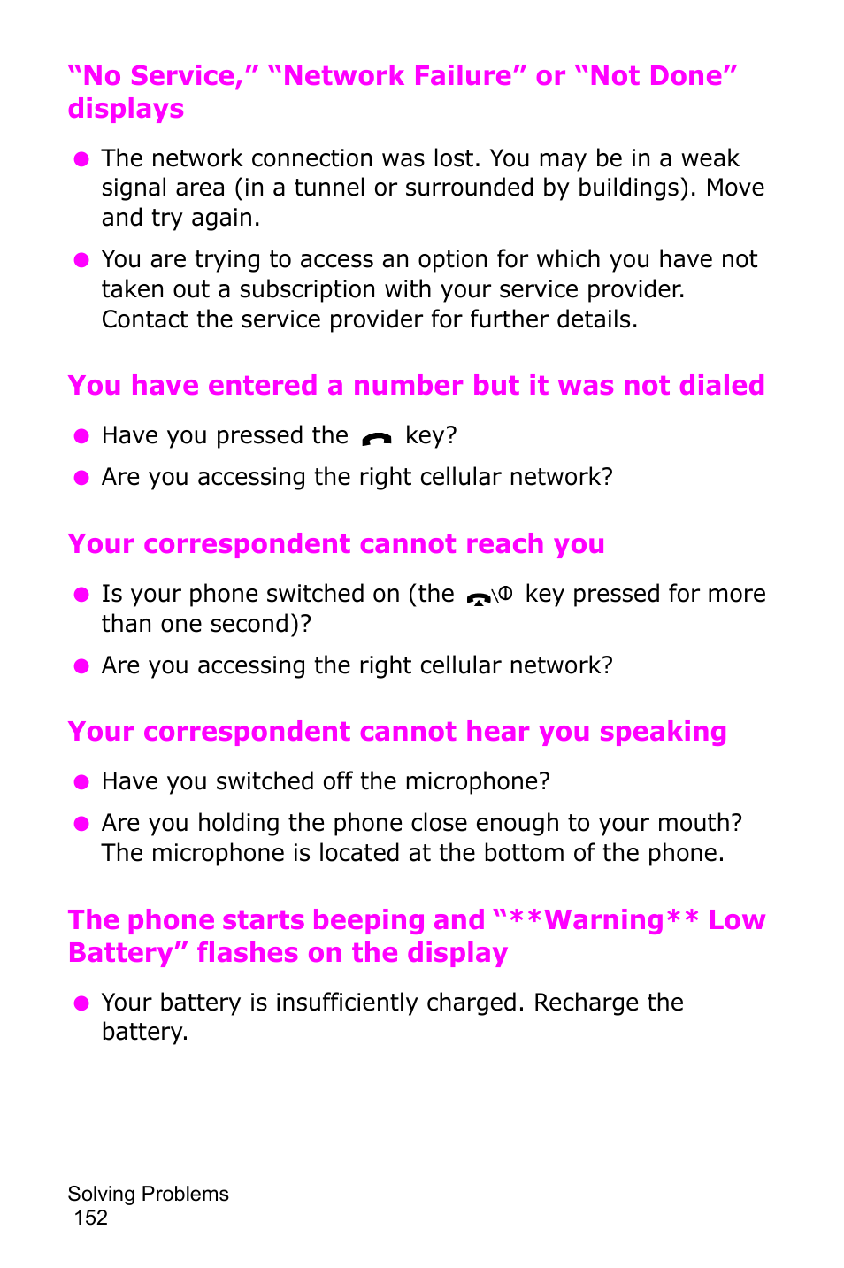 You have entered a number but it was not dialed, Your correspondent cannot reach you, Your correspondent cannot hear you speaking | Samsung SGH-D415MSATMB User Manual | Page 155 / 200