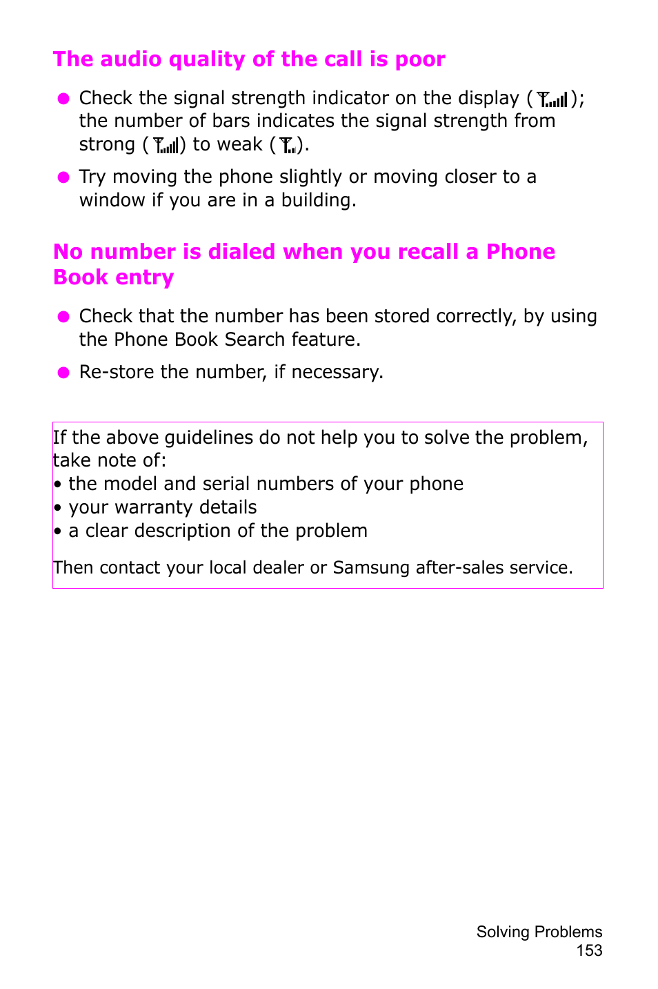 The audio quality of the call is poor | Samsung SGH-D415MSATMB User Manual | Page 156 / 200