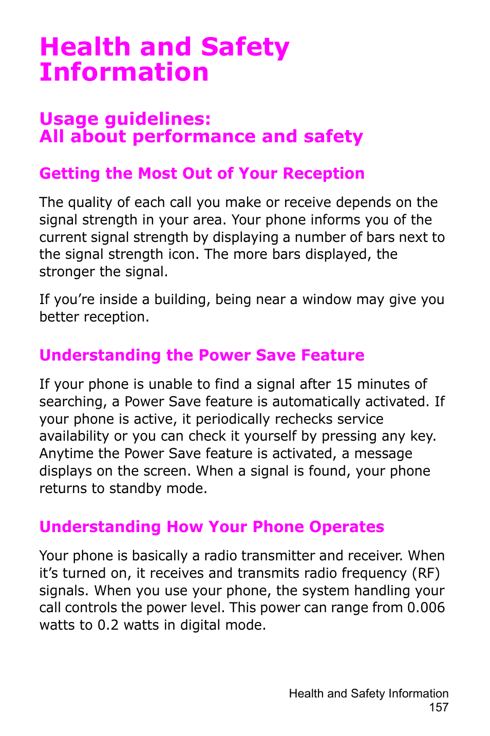 Health and safety information, Usage guidelines: all about performance and safety | Samsung SGH-D415MSATMB User Manual | Page 160 / 200