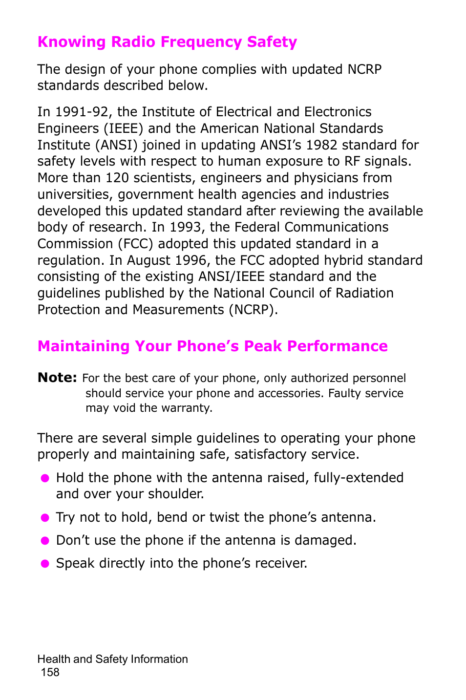 Knowing radio frequency safety, Maintaining your phone’s peak performance | Samsung SGH-D415MSATMB User Manual | Page 161 / 200