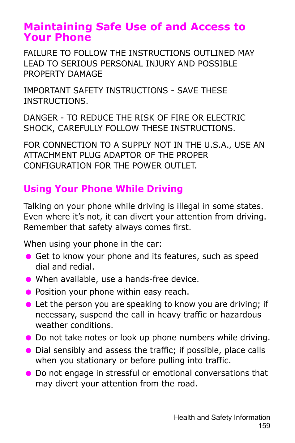 Maintaining safe use of and access to your phone, Using your phone while driving | Samsung SGH-D415MSATMB User Manual | Page 162 / 200