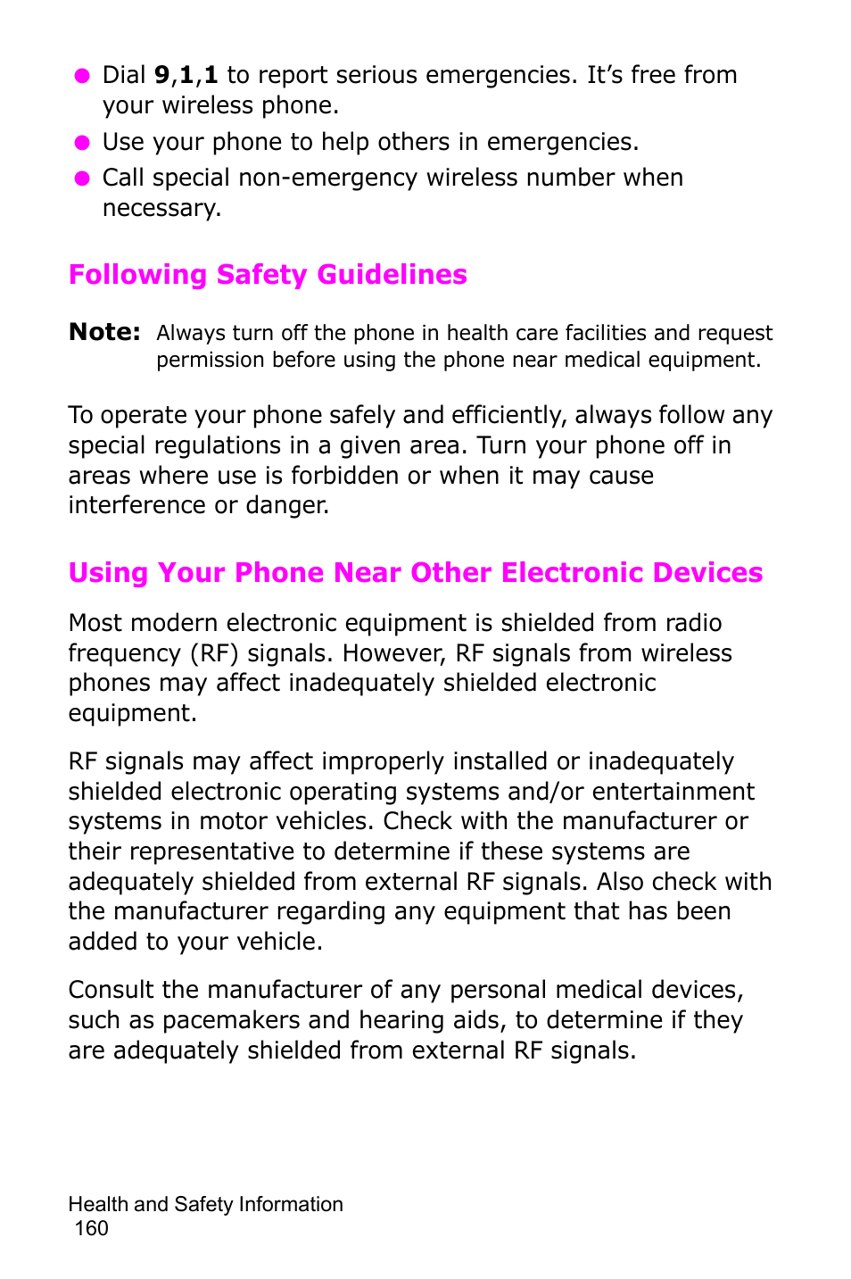 Following safety guidelines, Using your phone near other electronic devices | Samsung SGH-D415MSATMB User Manual | Page 163 / 200