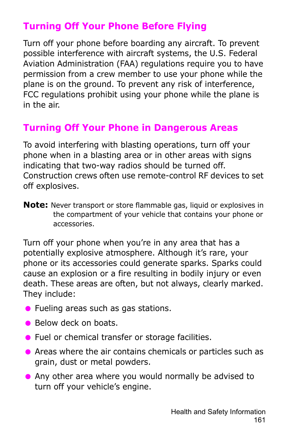 Turning off your phone before flying, Turning off your phone in dangerous areas | Samsung SGH-D415MSATMB User Manual | Page 164 / 200