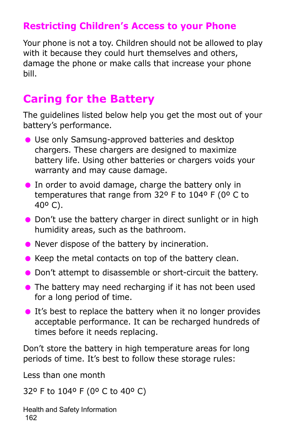Caring for the battery, Restricting children’s access to your phone | Samsung SGH-D415MSATMB User Manual | Page 165 / 200