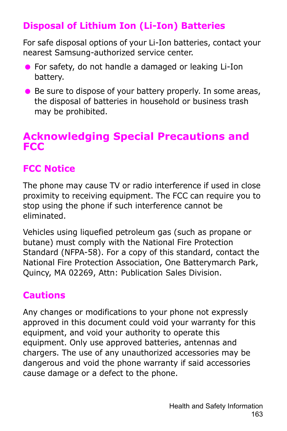 Acknowledging special precautions and fcc | Samsung SGH-D415MSATMB User Manual | Page 166 / 200