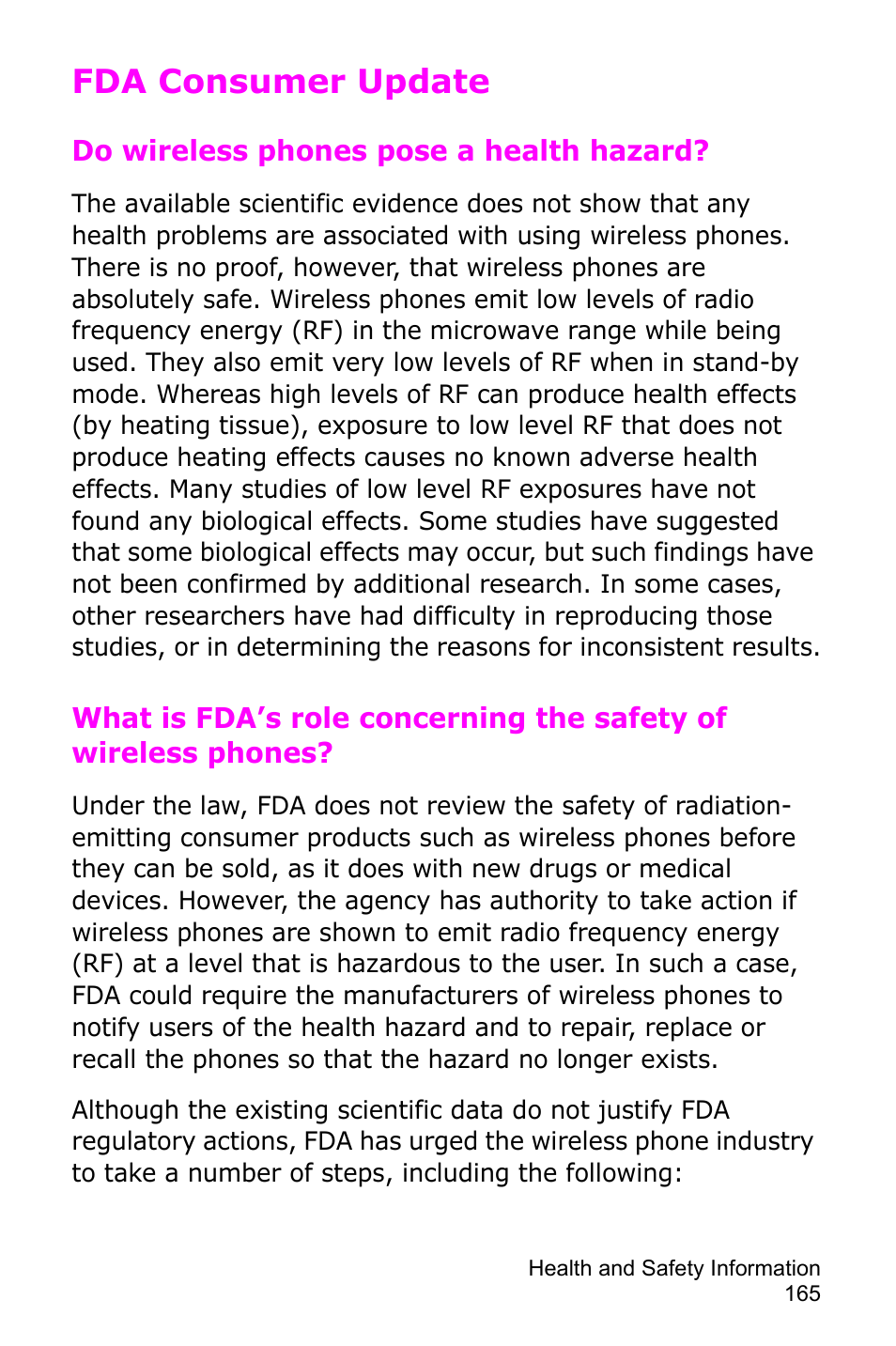 Fda consumer update | Samsung SGH-D415MSATMB User Manual | Page 168 / 200