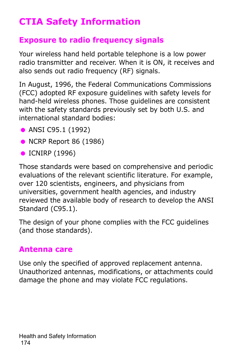 Ctia safety information, Exposure to radio frequency signals, Antenna care | Samsung SGH-D415MSATMB User Manual | Page 177 / 200