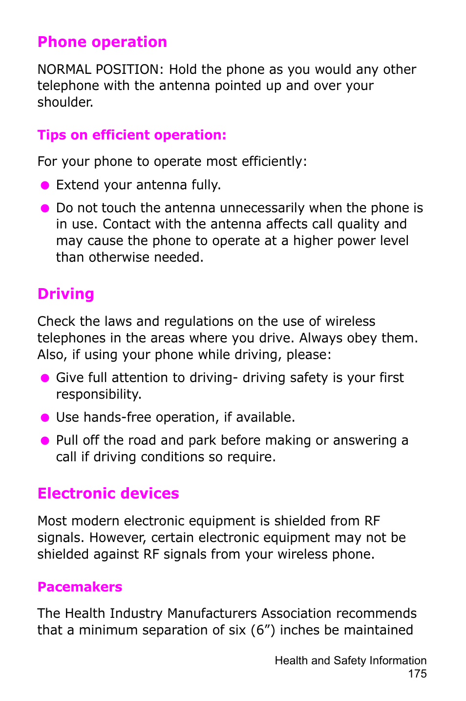 Phone operation, Driving, Electronic devices | Samsung SGH-D415MSATMB User Manual | Page 178 / 200