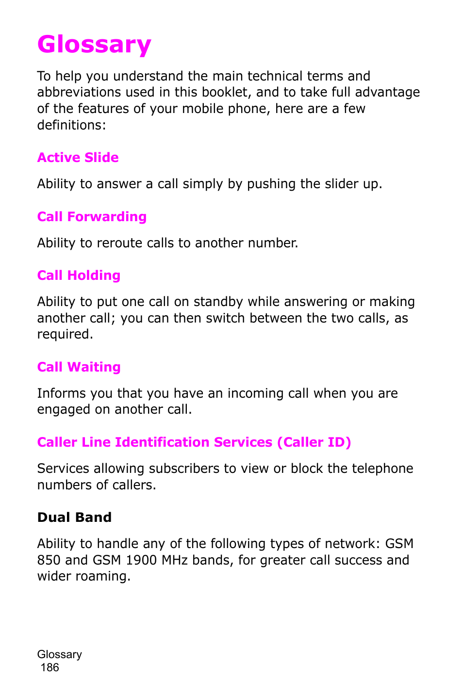 Glossary | Samsung SGH-D415MSATMB User Manual | Page 189 / 200