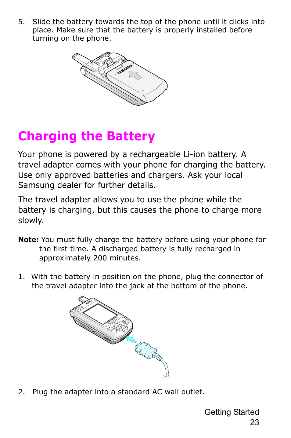 Charging the battery | Samsung SGH-D415MSATMB User Manual | Page 26 / 200