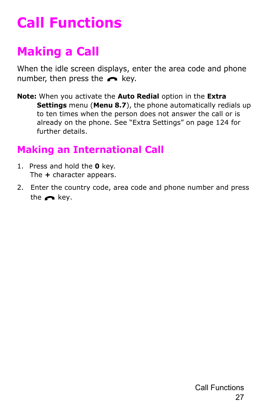 Call functions, Making a call, Making an international call | Samsung SGH-D415MSATMB User Manual | Page 30 / 200