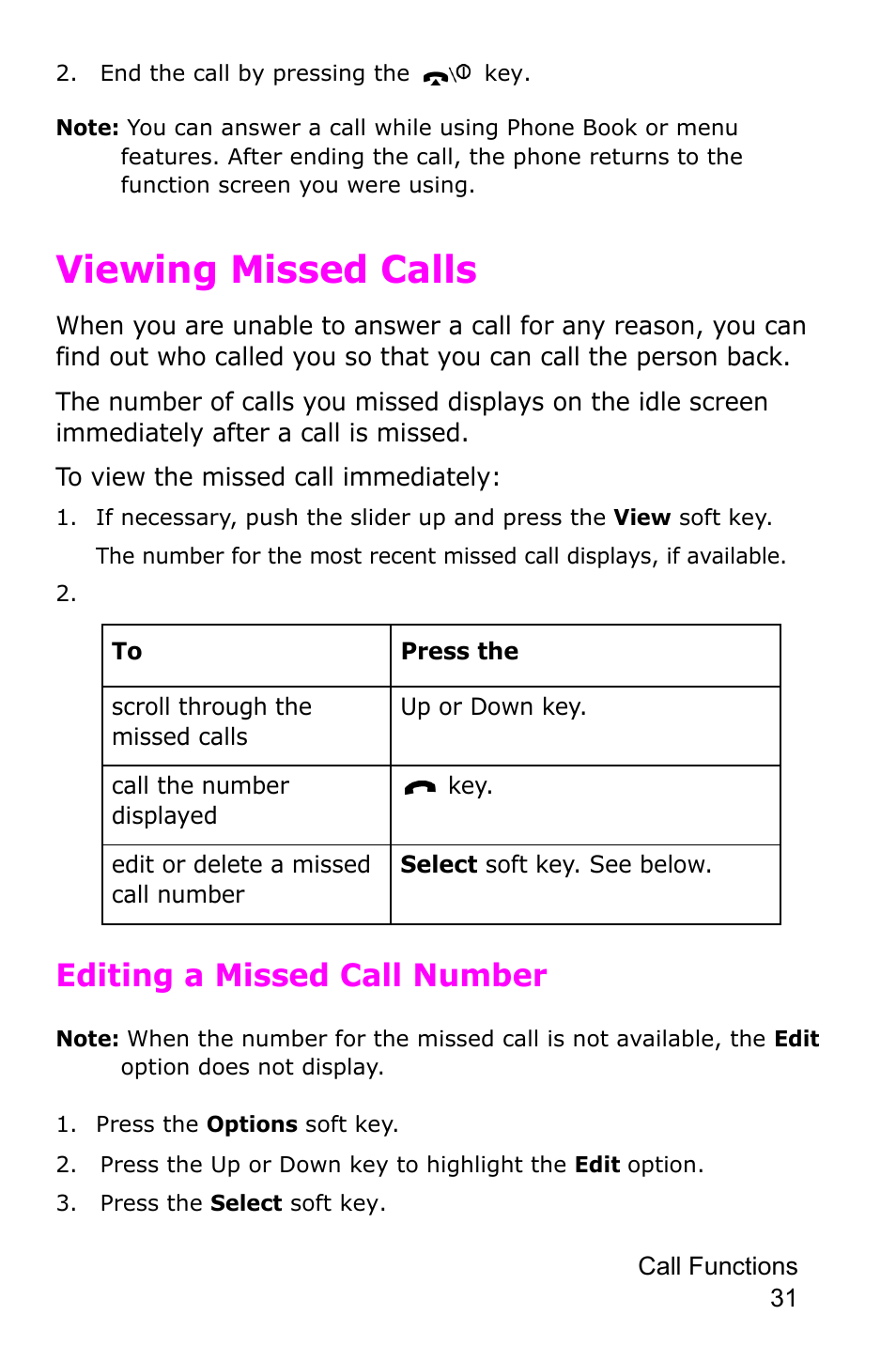 Viewing missed calls, Editing a missed call number | Samsung SGH-D415MSATMB User Manual | Page 34 / 200