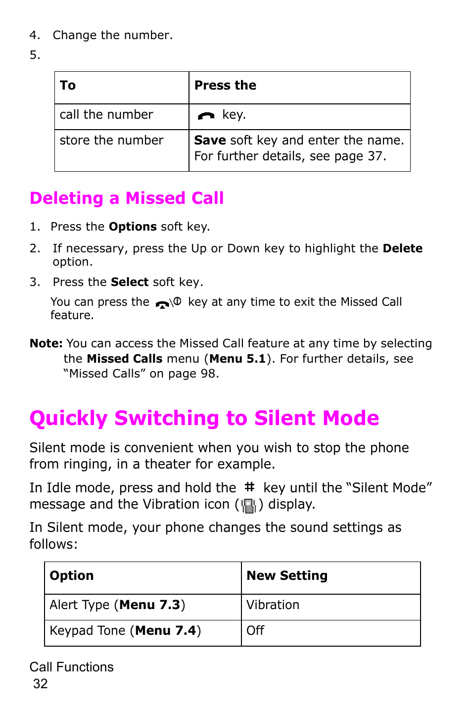 Quickly switching to silent mode, Deleting a missed call | Samsung SGH-D415MSATMB User Manual | Page 35 / 200