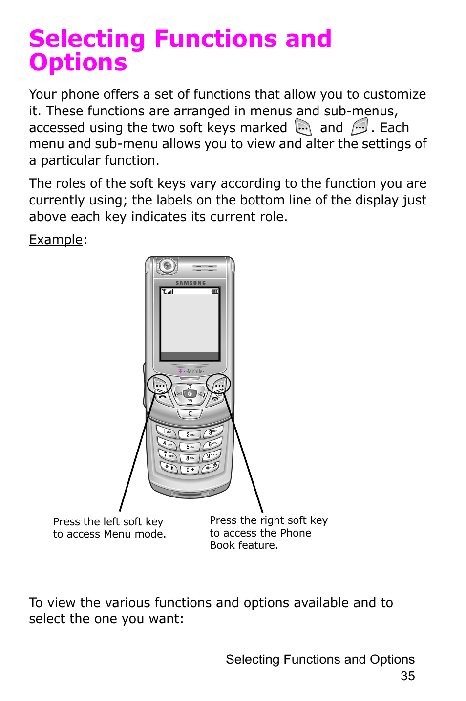 Selecting functions and options | Samsung SGH-D415MSATMB User Manual | Page 38 / 200