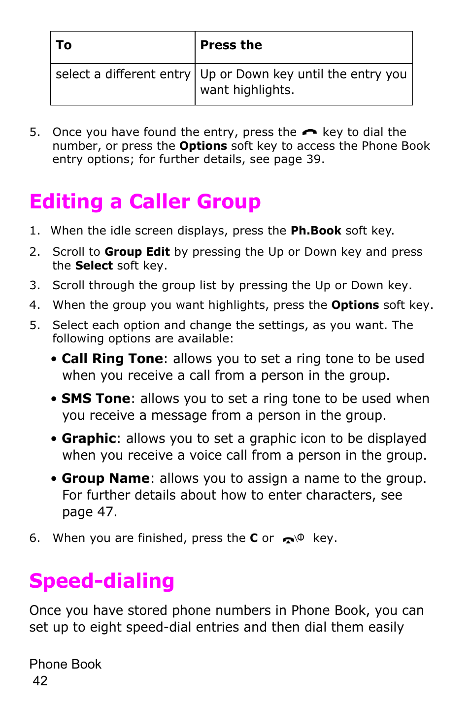 Editing a caller group, Speed-dialing, Editing a caller group speed-dialing | Samsung SGH-D415MSATMB User Manual | Page 45 / 200