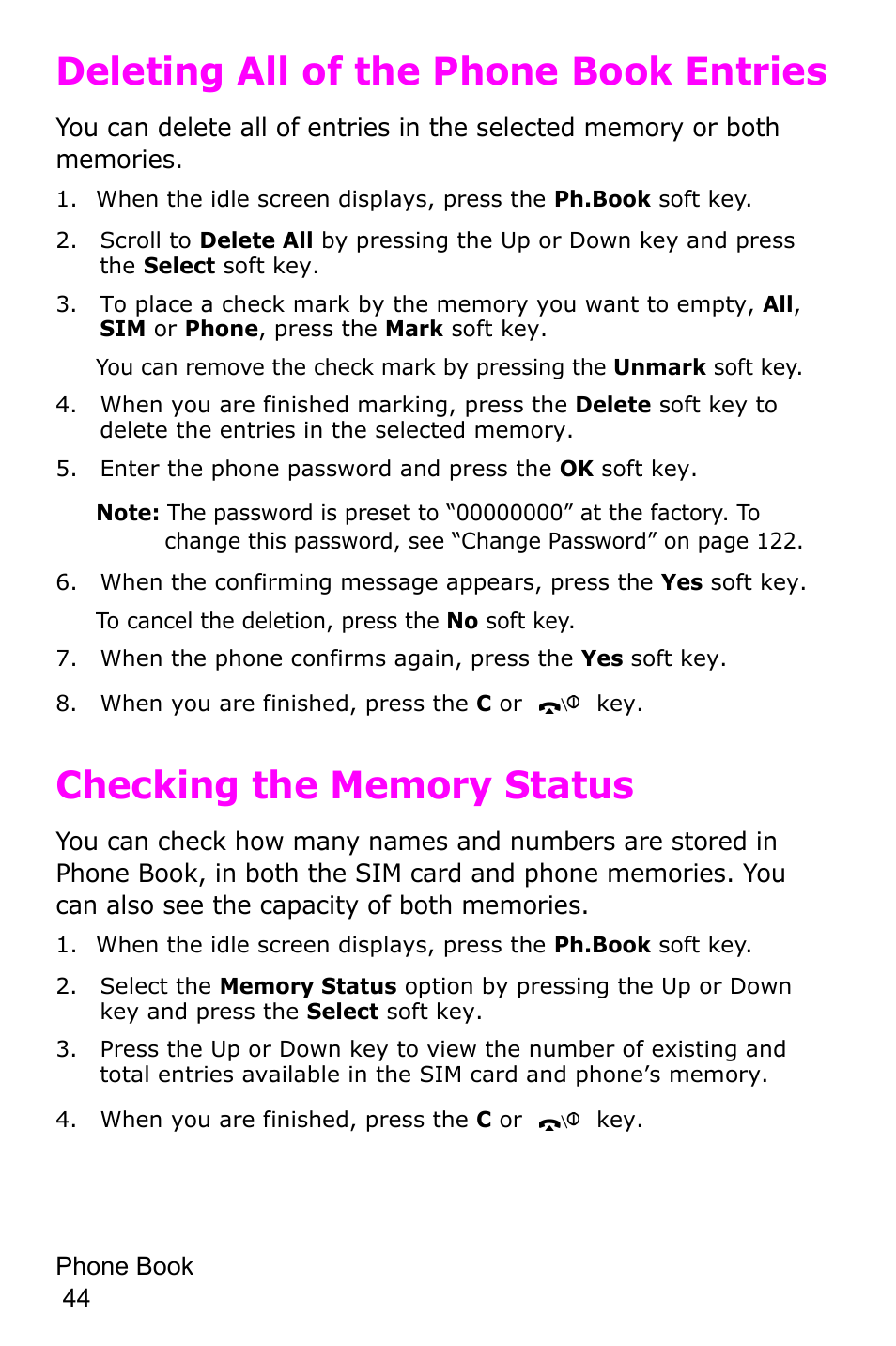 Deleting all of the phone book entries, Checking the memory status | Samsung SGH-D415MSATMB User Manual | Page 47 / 200