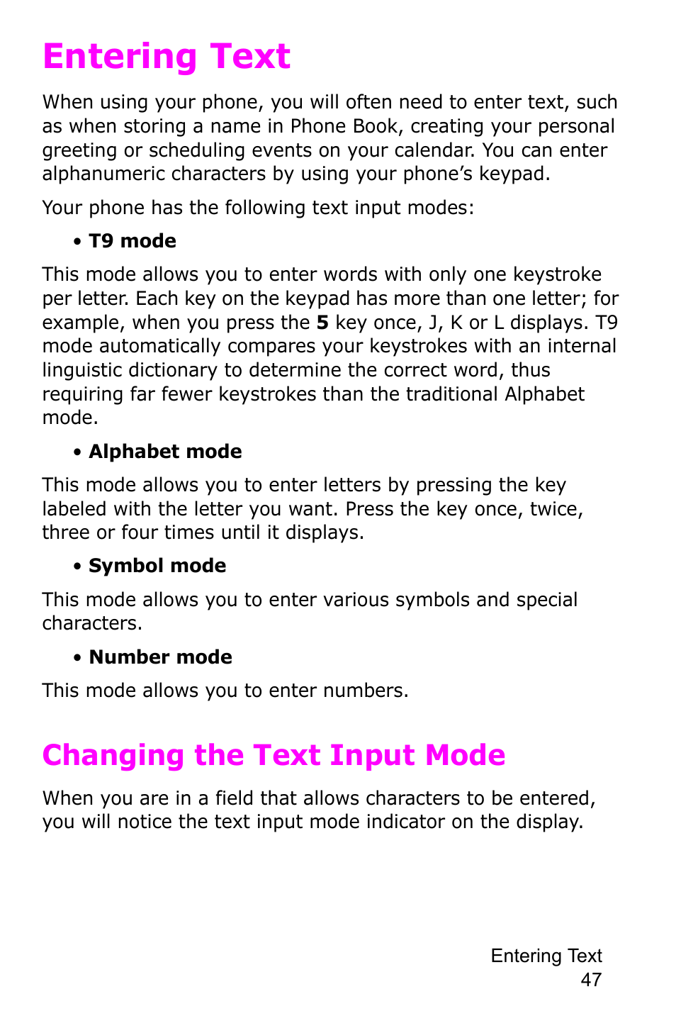 Entering text, Changing the text input mode, Acters, see “entering text | Samsung SGH-D415MSATMB User Manual | Page 50 / 200