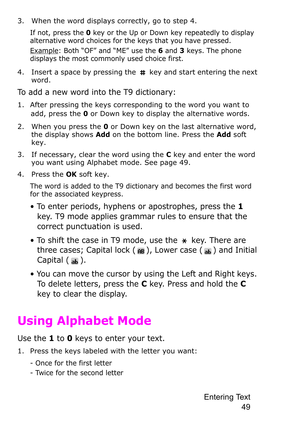 Using alphabet mode | Samsung SGH-D415MSATMB User Manual | Page 52 / 200