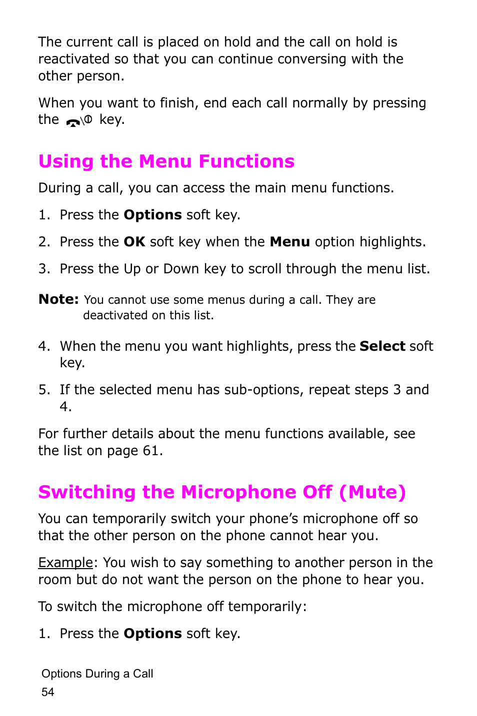 Using the menu functions, Switching the microphone off (mute) | Samsung SGH-D415MSATMB User Manual | Page 57 / 200