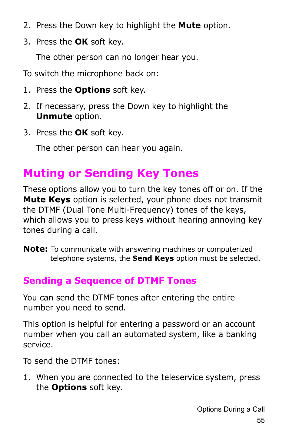 Muting or sending key tones, Sending a sequence of dtmf tones | Samsung SGH-D415MSATMB User Manual | Page 58 / 200