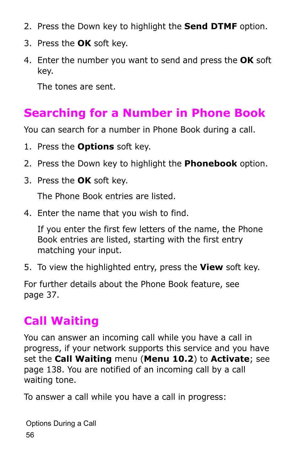 Searching for a number in phone book, Call waiting, Searching for a number in phone book call waiting | Samsung SGH-D415MSATMB User Manual | Page 59 / 200