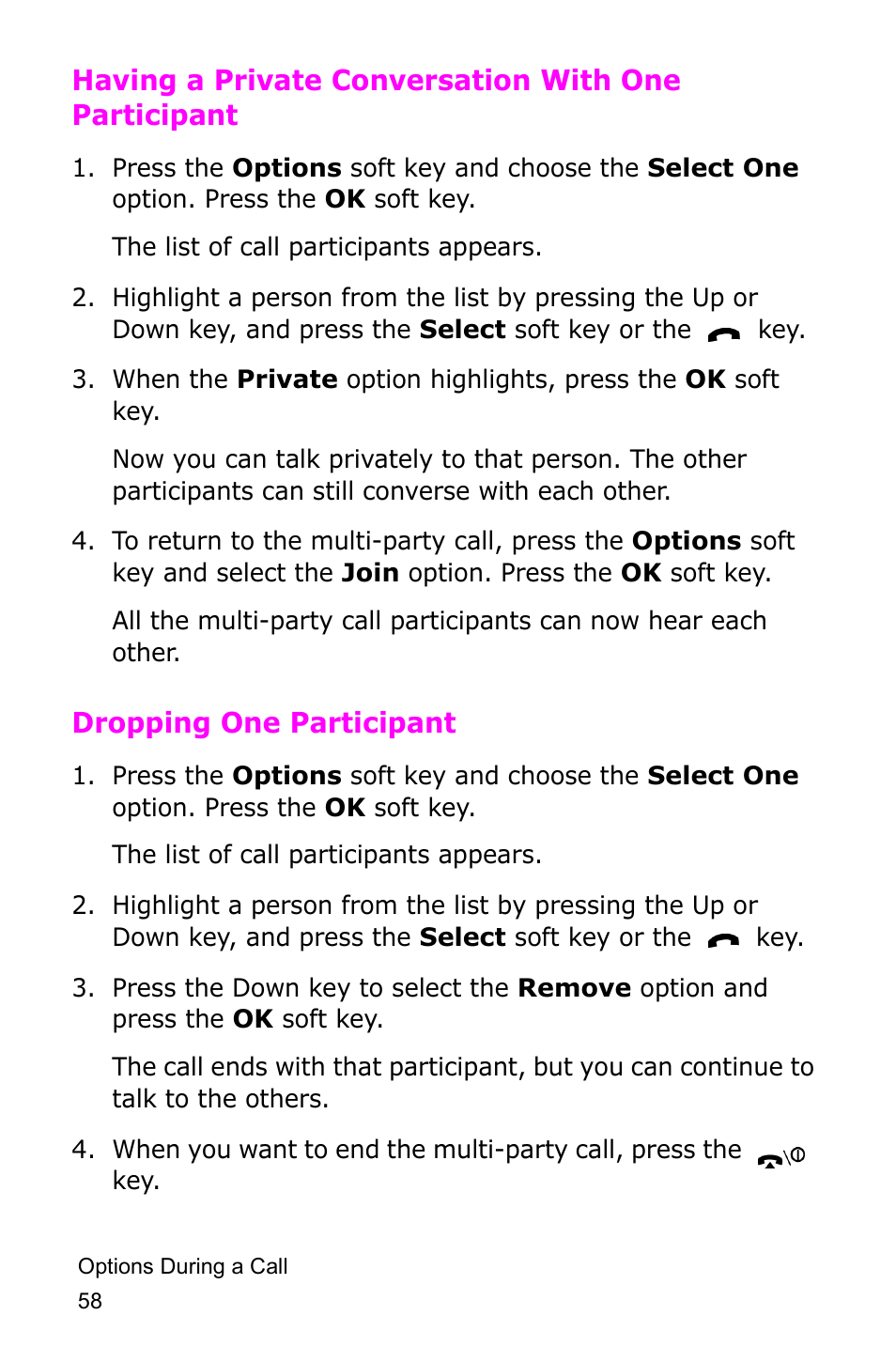 Having a private conversation with one participant, Dropping one participant | Samsung SGH-D415MSATMB User Manual | Page 61 / 200
