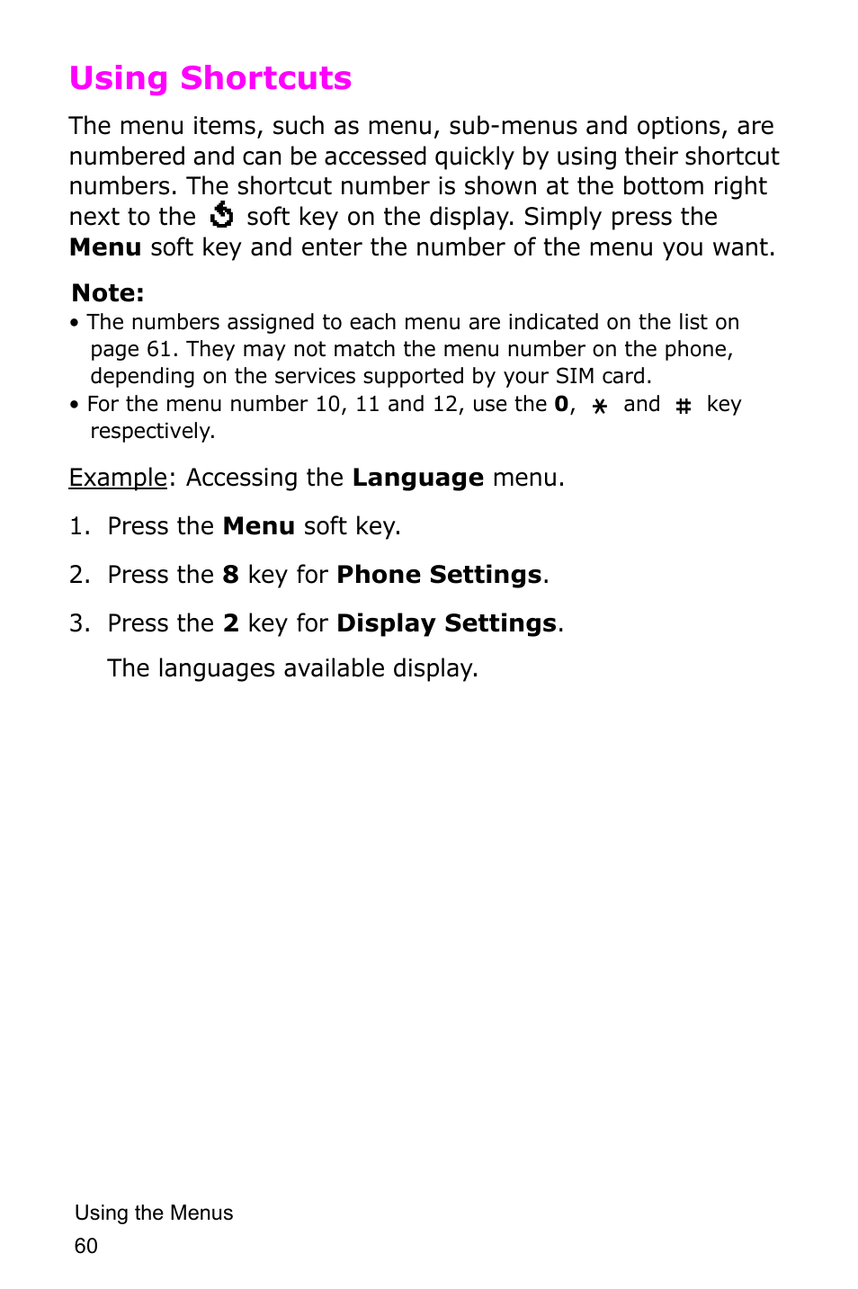 Using shortcuts | Samsung SGH-D415MSATMB User Manual | Page 63 / 200