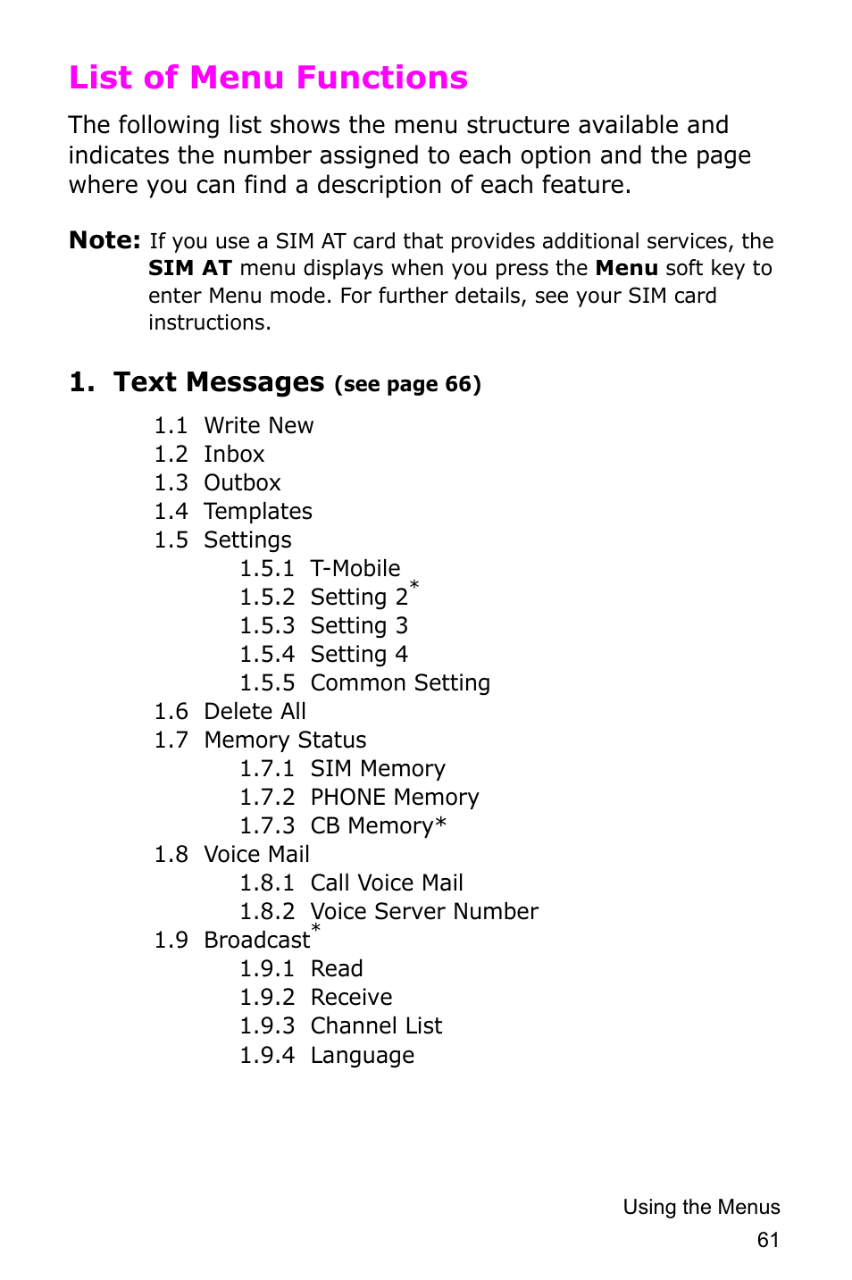 List of menu functions, Text messages | Samsung SGH-D415MSATMB User Manual | Page 64 / 200