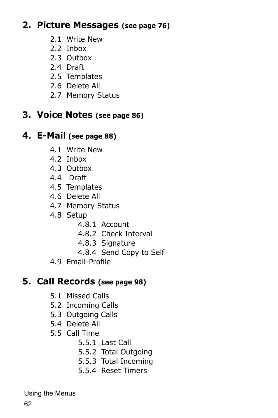 Picture messages, E-mail, Call records | Samsung SGH-D415MSATMB User Manual | Page 65 / 200