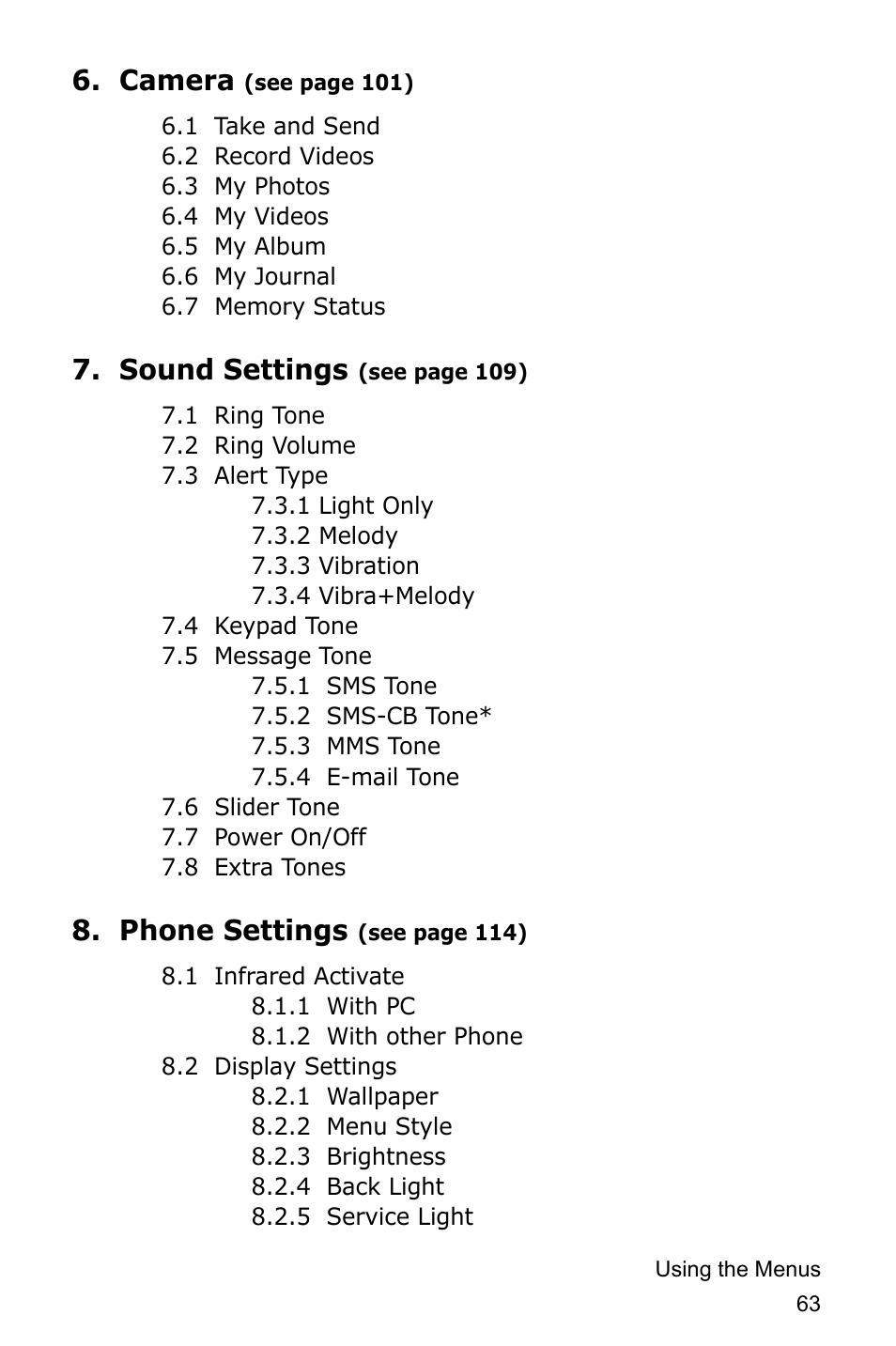 Camera, Sound settings, Phone settings | Samsung SGH-D415MSATMB User Manual | Page 66 / 200