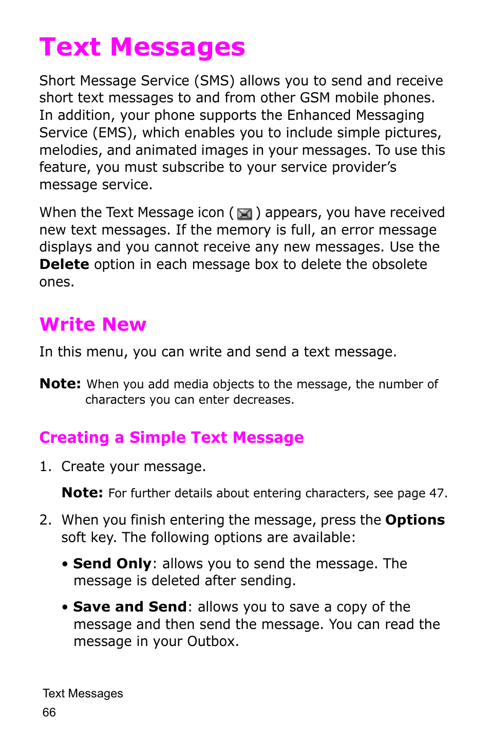 Text messages, Write new | Samsung SGH-D415MSATMB User Manual | Page 69 / 200