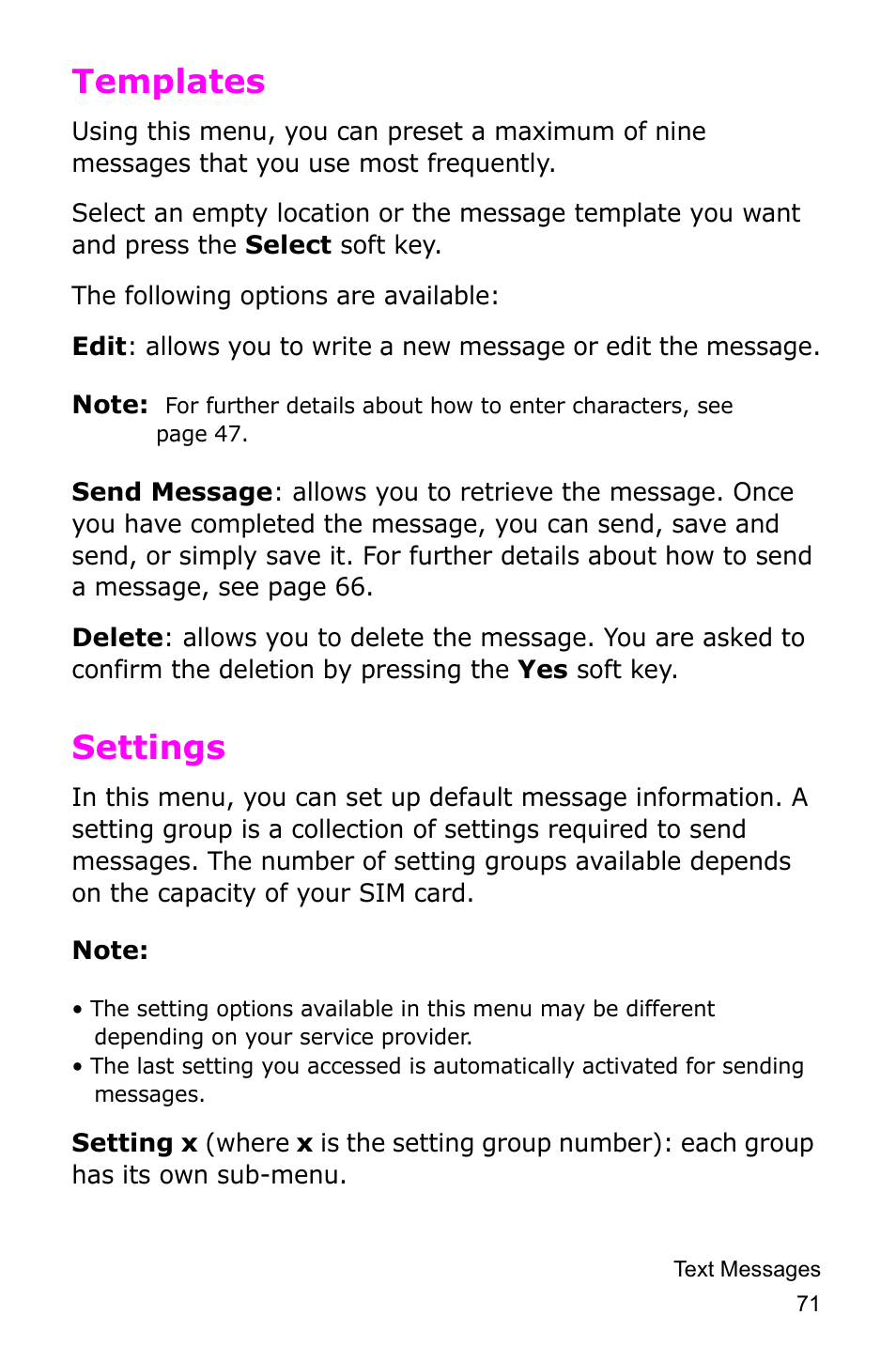 Templates, Settings, Templates settings | Samsung SGH-D415MSATMB User Manual | Page 74 / 200