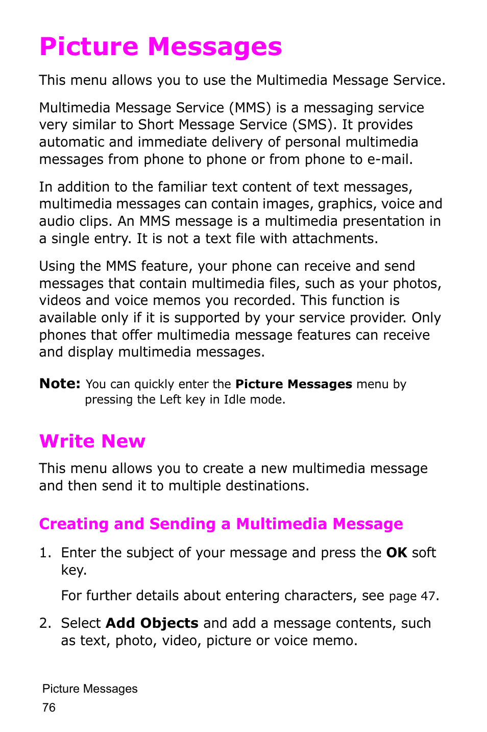 Picture messages, Write new | Samsung SGH-D415MSATMB User Manual | Page 79 / 200