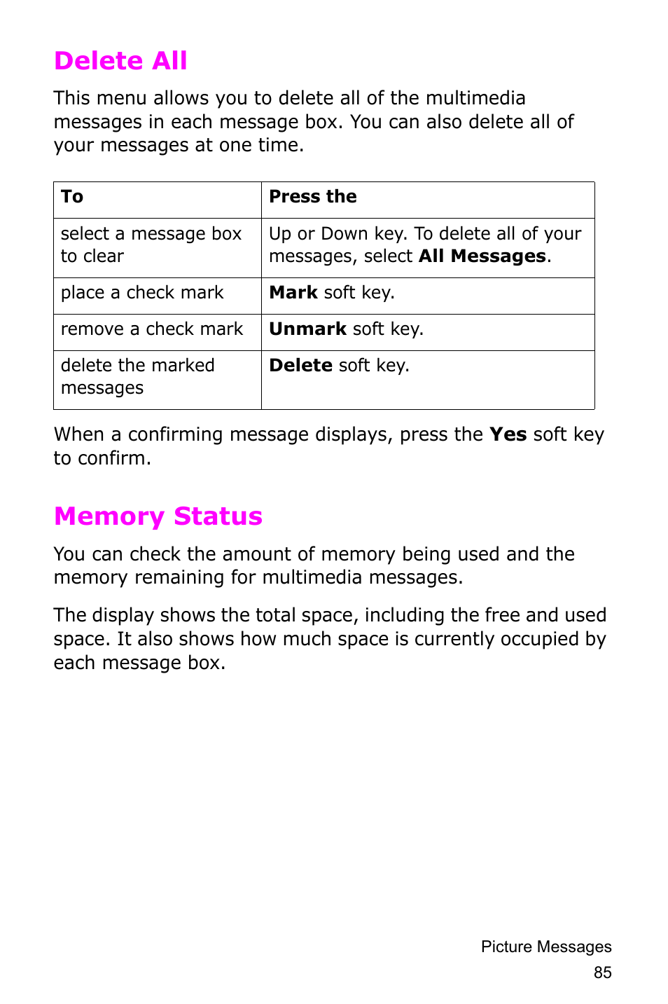 Delete all, Memory status, Delete all memory status | Samsung SGH-D415MSATMB User Manual | Page 88 / 200