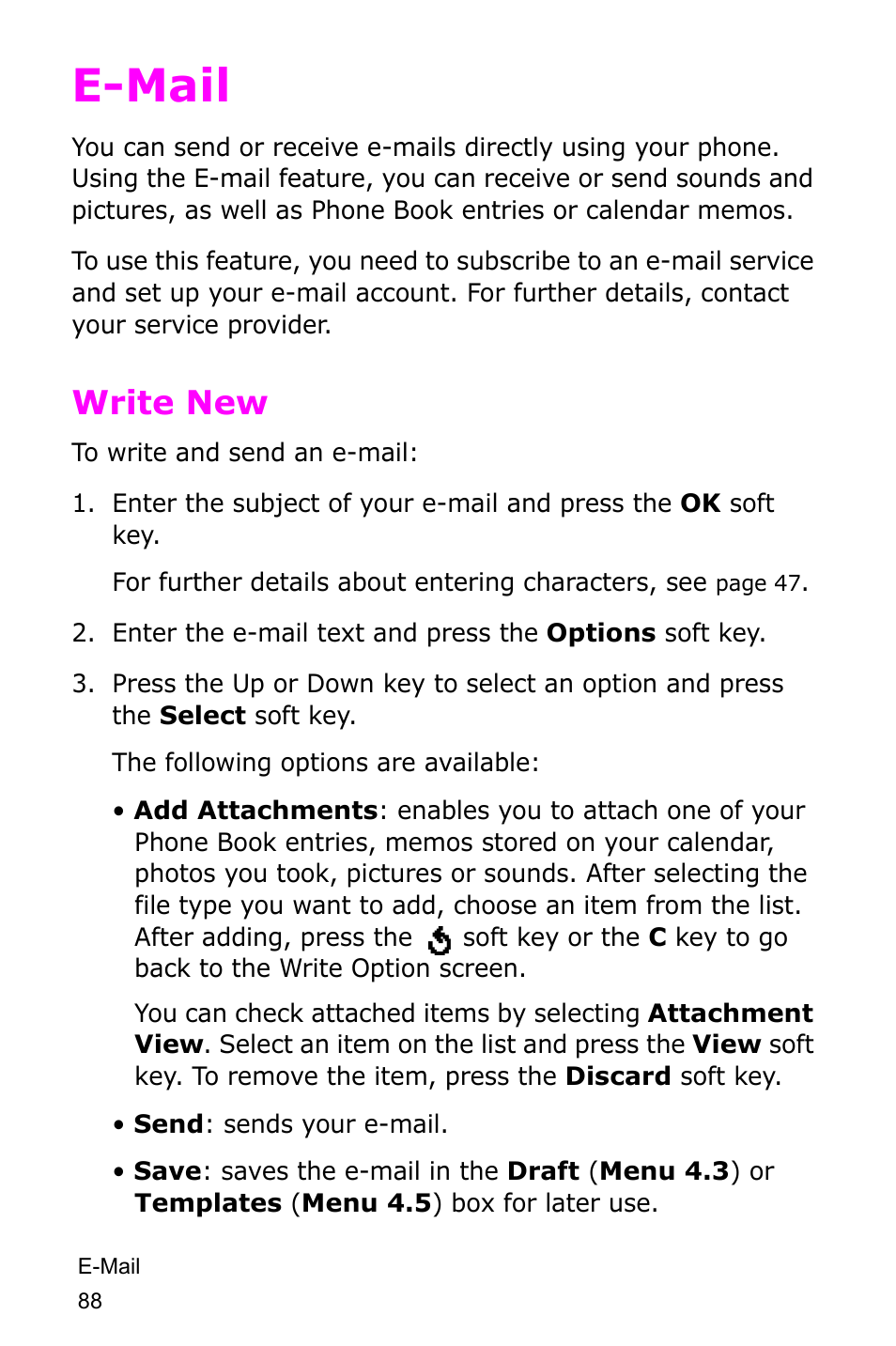 E-mail, Write new | Samsung SGH-D415MSATMB User Manual | Page 91 / 200