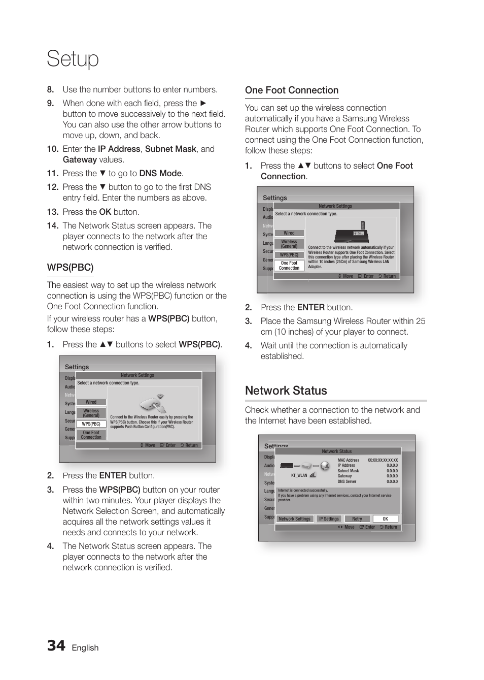 Setup, Network status, Wps(pbc) | One foot connection, Press the . enter button, Th enter b tt, H enter b | Samsung BD-D5300-ZA User Manual | Page 34 / 142