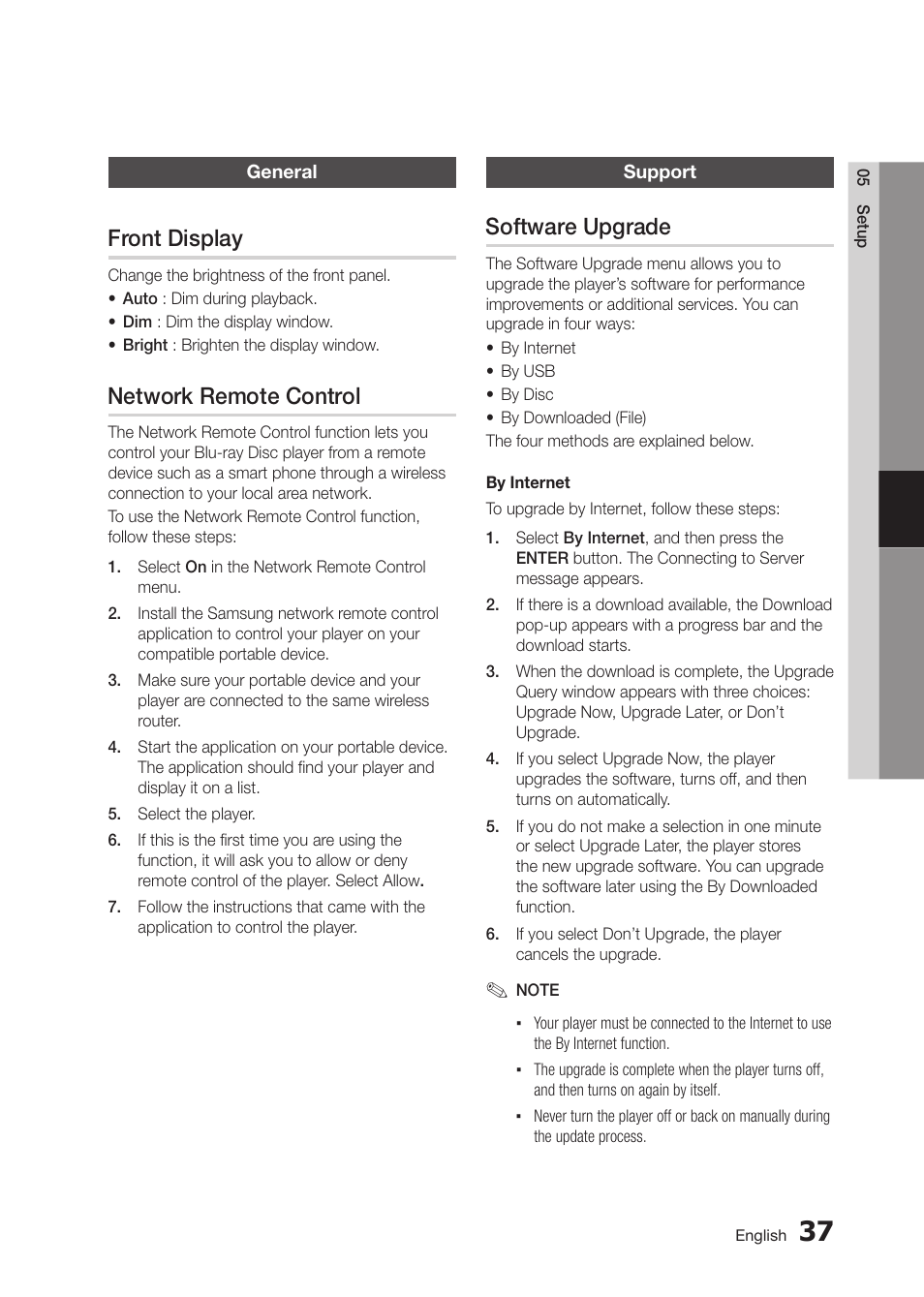 Front display, Network remote control, Software upgrade | Samsung BD-D5300-ZA User Manual | Page 37 / 142