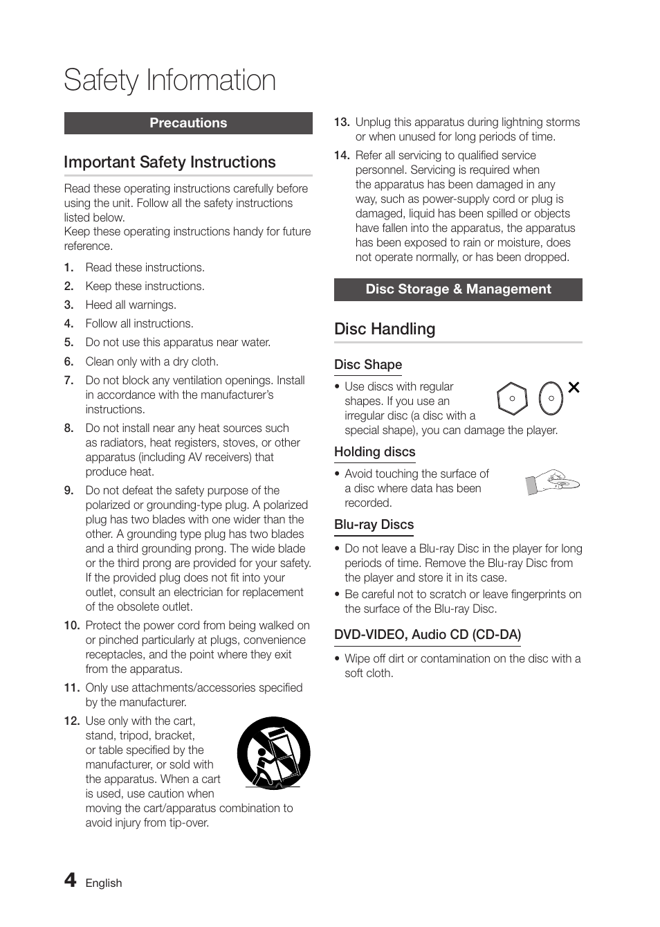 Safety information, Important safety instructions, Disc handling | Samsung BD-D5300-ZA User Manual | Page 4 / 142