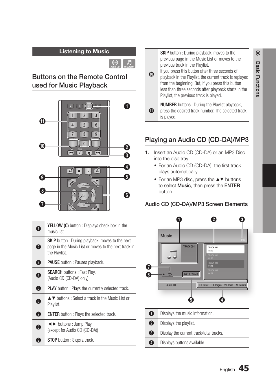 Playing an audio cd (cd-da)/mp3 | Samsung BD-D5300-ZA User Manual | Page 45 / 142