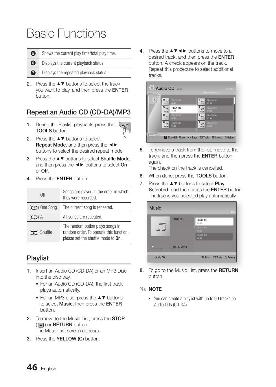 Basic functions, Repeat an audio cd (cd-da)/mp3, Playlist | Samsung BD-D5300-ZA User Manual | Page 46 / 142