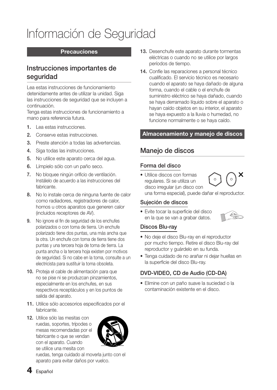 Información de seguridad, Instrucciones importantes de seguridad, Manejo de discos | Samsung BD-D5300-ZA User Manual | Page 72 / 142