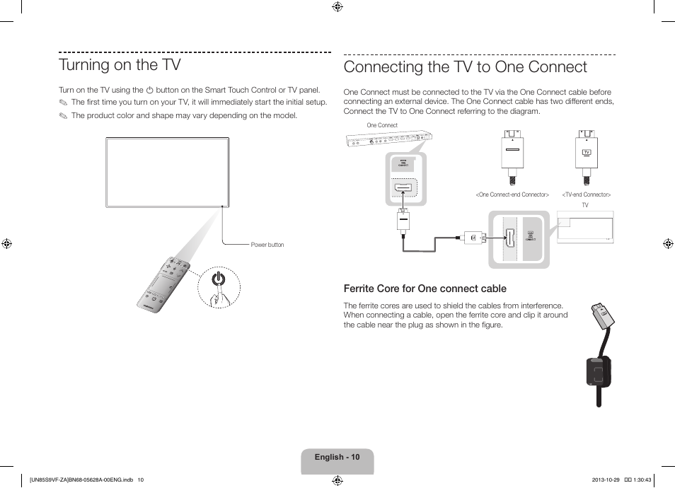 Turning on the tv, Connecting the tv to one connect, Ferrite core for one connect cable | Samsung UN85S9VFXZA User Manual | Page 10 / 30
