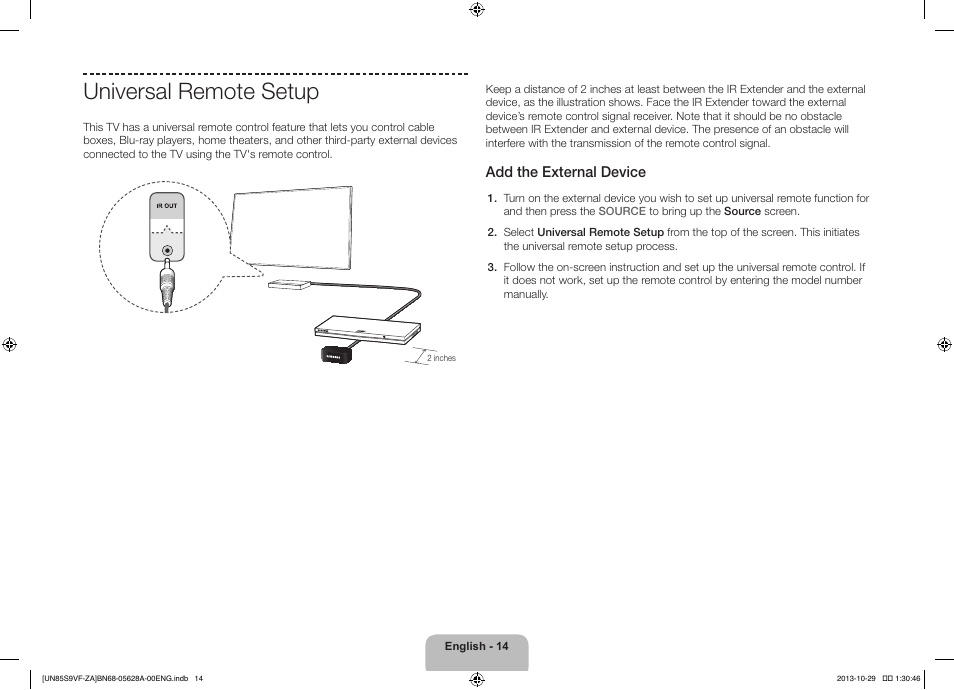 Universal remote setup, Add the external device | Samsung UN85S9VFXZA User Manual | Page 14 / 30