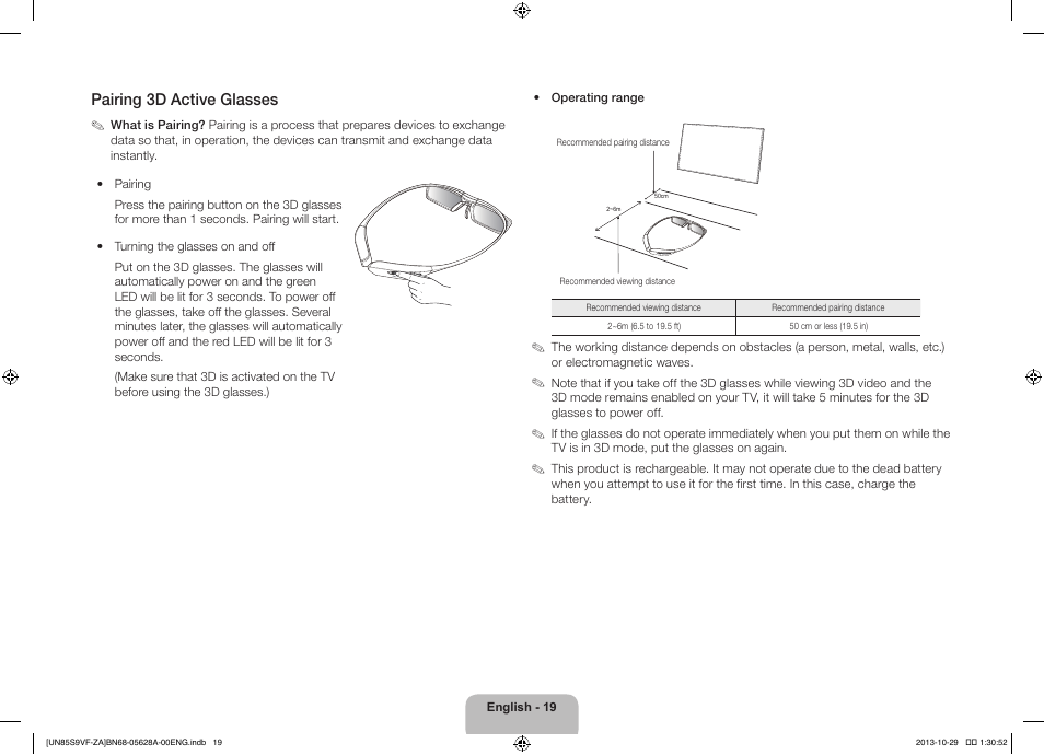 Pairing 3d active glasses | Samsung UN85S9VFXZA User Manual | Page 19 / 30