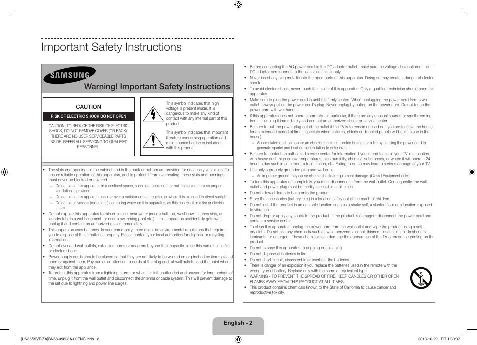 Important safety instructions, Warning! important safety instructions | Samsung UN85S9VFXZA User Manual | Page 2 / 30