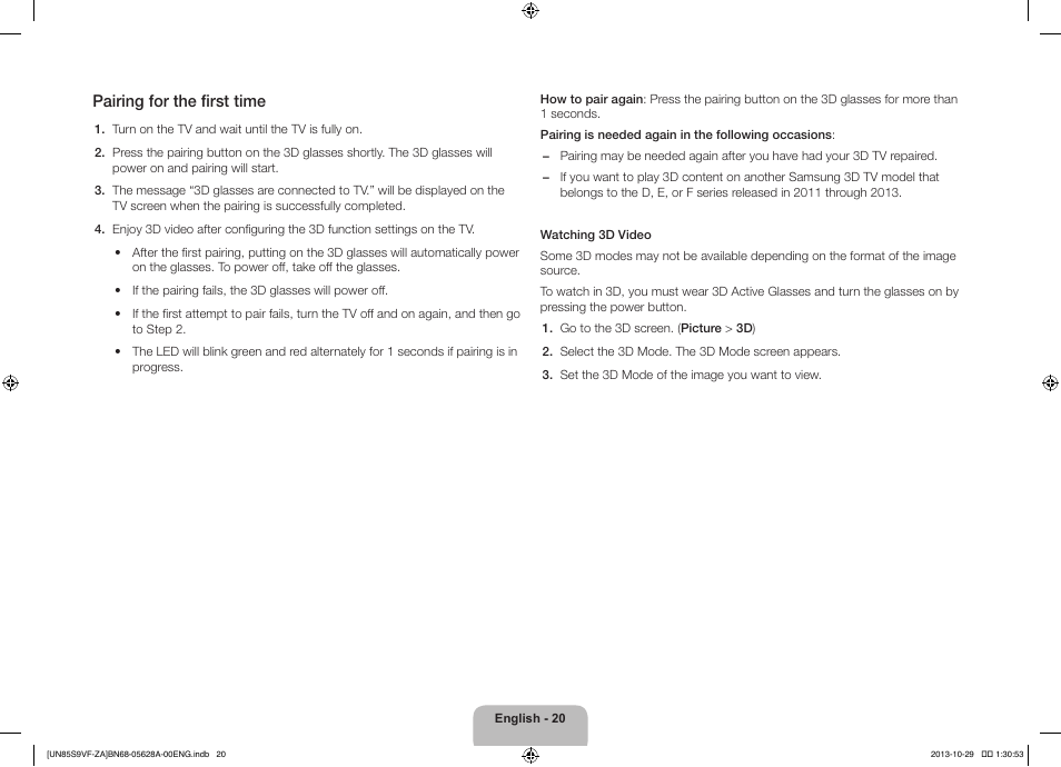 Pairing for the first time | Samsung UN85S9VFXZA User Manual | Page 20 / 30