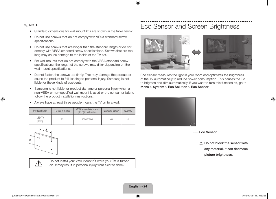Eco sensor and screen brightness | Samsung UN85S9VFXZA User Manual | Page 24 / 30