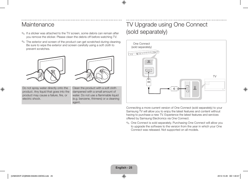 Maintenance, Tv upgrade using one connect (sold separately) | Samsung UN85S9VFXZA User Manual | Page 25 / 30